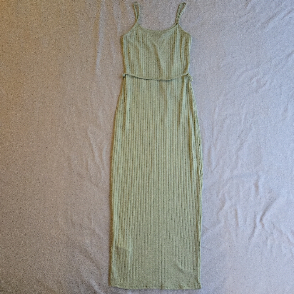 Missguided Pastel Green Tie Belt Ribbed 90s Y2K Spaghetti Strap Cami Dress - Picture 10 of 11